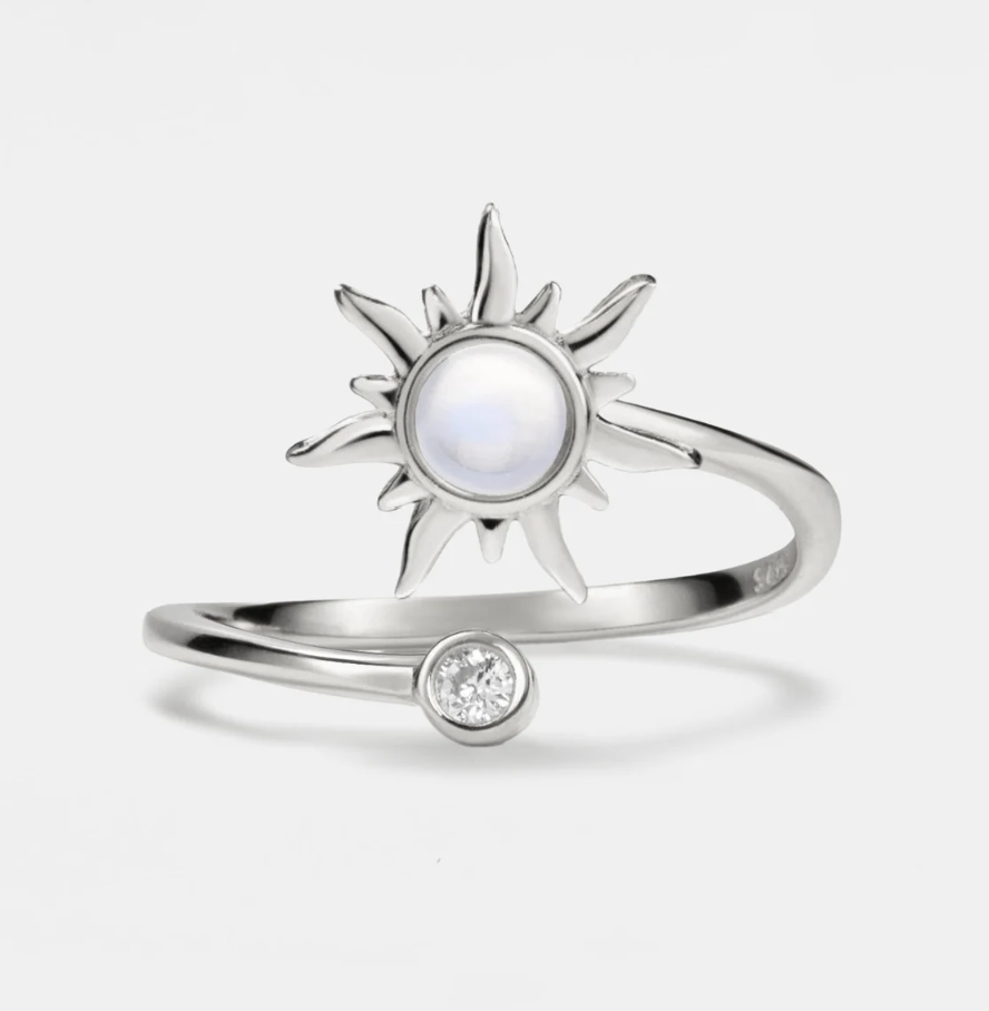 Front view Picture of Silver Sun Ring with spinning sun for anxiety and relaxation
